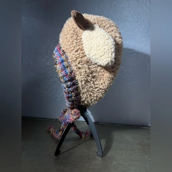 Cozy Light Brown and Blue Horned Sheep Themed Knit Hat and the Ears Squeek - Picture 5 of 11